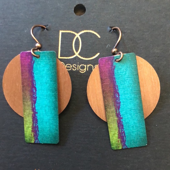 DC Designs Multicolor Turquoise Column on Copper Disc Abstract Art Earrings 3AE - Picture 2 of 4